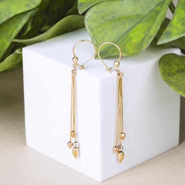 ARETES COLGANTES DE TRES HILOS EN ORO AMARILLO, BLANCO Y ROSA 14 KILATES DISEÑO ITALIANO - Imagen 2
