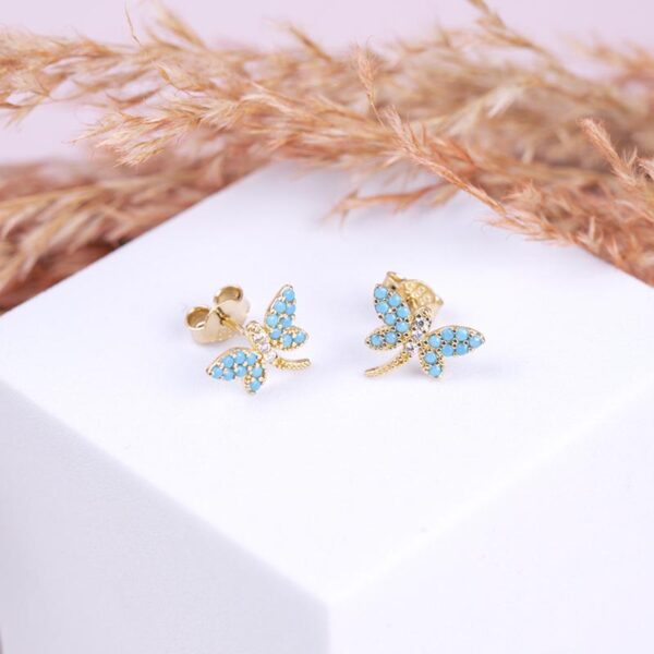 ARETES LIBÉLULA EN ORO AMARILLO DE 14 KILATES CON CIRCONIA TURQUESA Y BLANCA DISEÑO ITALIANO - Imagen 2