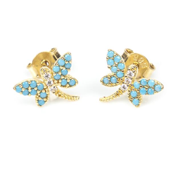 ARETES LIBÉLULA EN ORO AMARILLO DE 14 KILATES CON CIRCONIA TURQUESA Y BLANCA DISEÑO ITALIANO