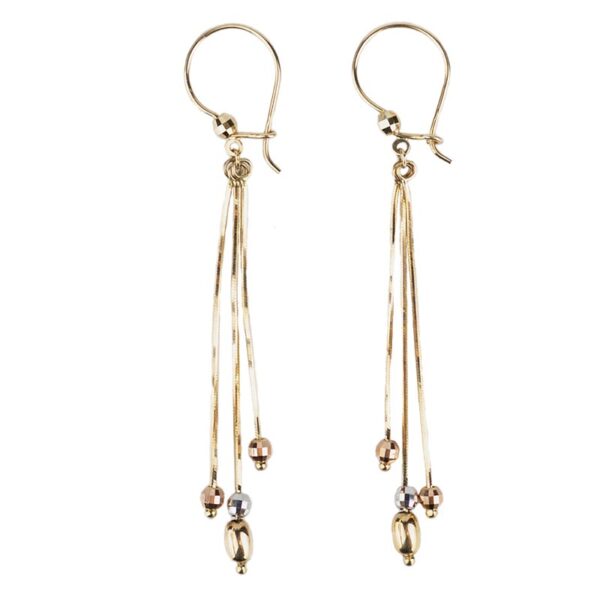 ARETES COLGANTES DE TRES HILOS EN ORO AMARILLO, BLANCO Y ROSA 14 KILATES DISEÑO ITALIANO